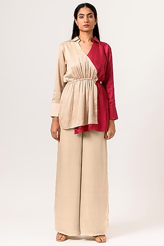 Ecru & Wine Color Blocked Blouse by Neora by Nehal Chopra