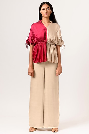Ecru & Wine Sustainable Silk Blouse by Neora by Nehal Chopra at Pernia's Pop Up Shop
