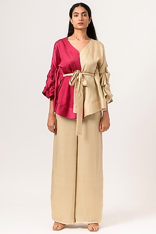 Ecru & Wine Hand Tucked Blouse by Neora by Nehal Chopra