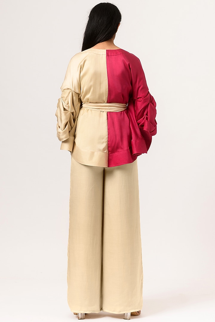 Ecru & Wine Hand Tucked Blouse by Neora by Nehal Chopra at Pernia's Pop Up Shop