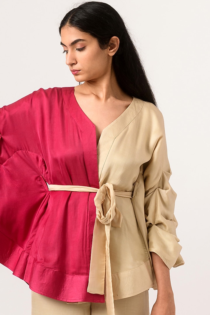 Ecru & Wine Hand Tucked Blouse by Neora by Nehal Chopra at Pernia's Pop Up Shop