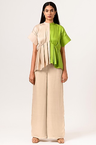 Ecru & Green Peplum Blouse by Neora by Nehal Chopra