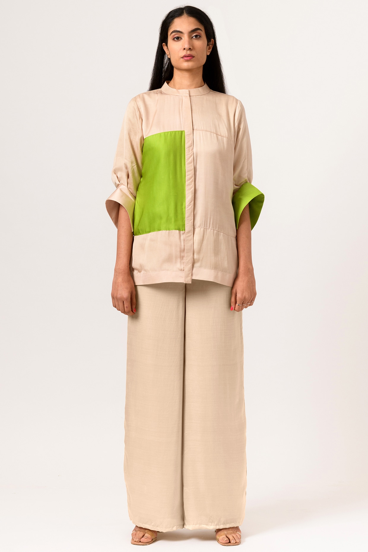 Ecru \u0026 Green Sustainable Silk Blouse 