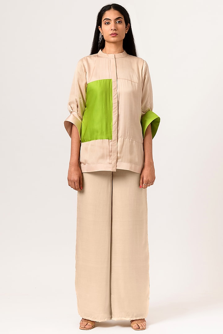 Ecru & Green Sustainable Silk Blouse by Neora by Nehal Chopra