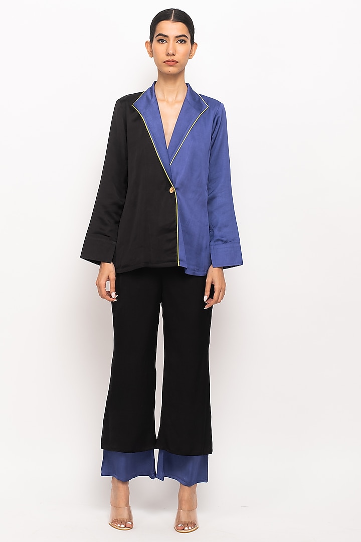 Black & Blue Bemberg Modal Silk Blazer Set by Neora by Nehal Chopra
