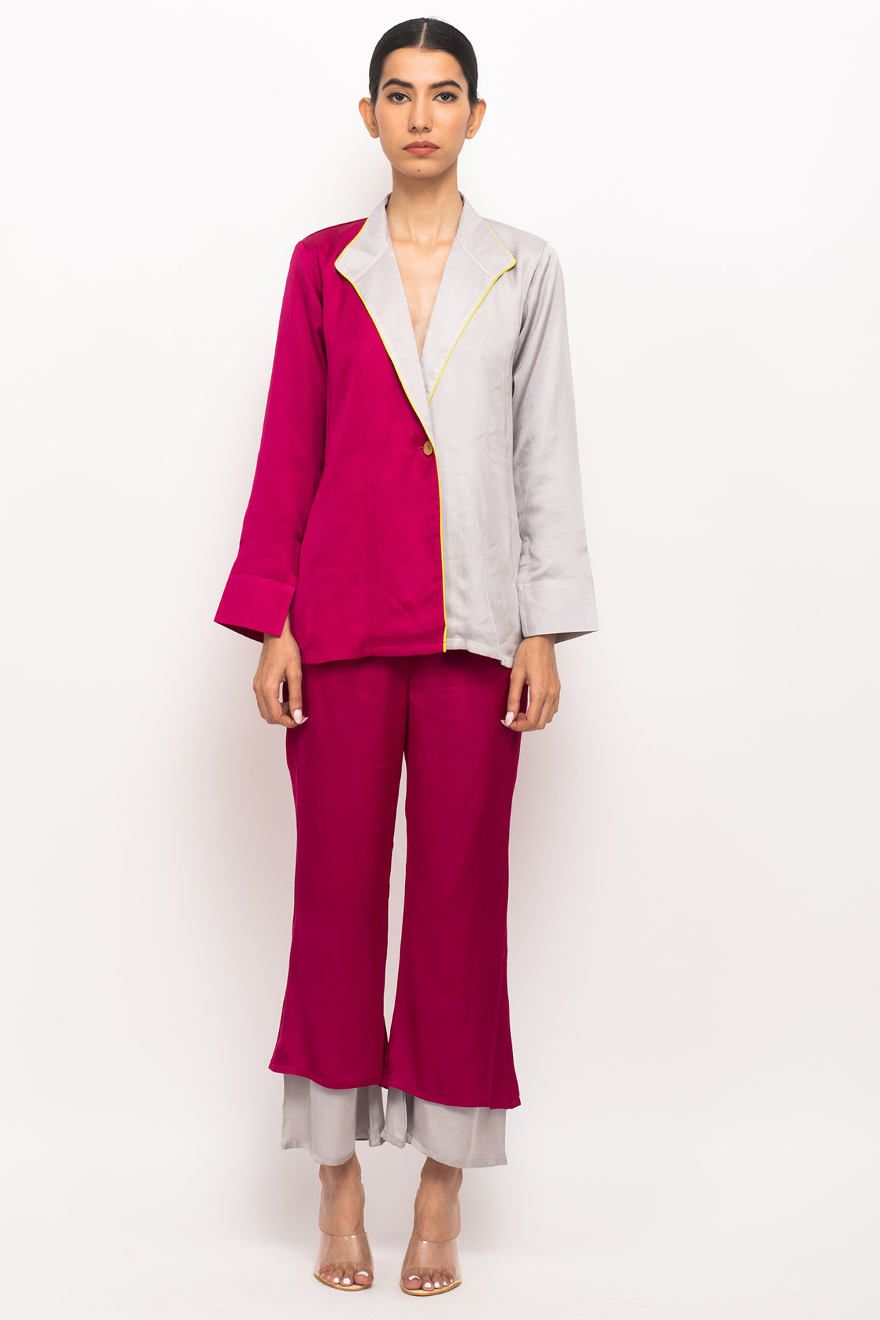 Wine & Grey Bemberg Modal Silk Blazer Set by Neora by Nehal Chopra at Pernia's Pop Up Shop