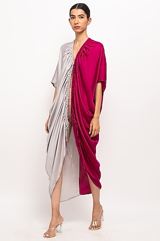 Wine & Grey Bemberg Modal Silk Cape by Neora by Nehal Chopra