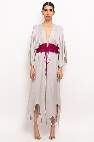 Wine & Grey Bemberg Modal Silk Cape by Neora by Nehal Chopra