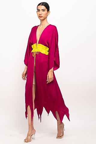 Wine & Neon Bemberg Modal Silk Cape by Neora by Nehal Chopra