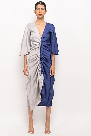 Grey & Blue Bemberg Modal Silk Kaftan Dress by Neora by Nehal Chopra