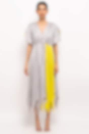 Grey & Neon Bemberg Modal Silk Angrakha Dress by Neora by Nehal Chopra