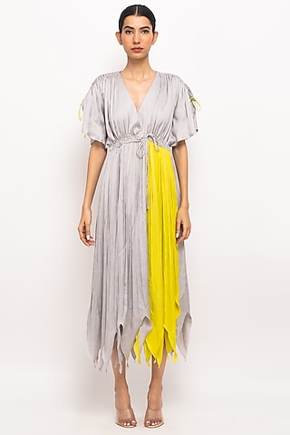 Grey & Neon Bemberg Modal Silk Angrakha Dress by Neora by Nehal Chopra