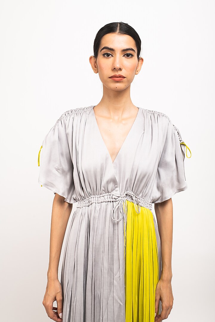 Grey & Neon Bemberg Modal Silk Angrakha Summer Dress by Neora by Nehal Chopra at Pernia's Pop Up Shop
