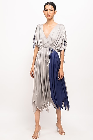 Grey & Blue Bemberg Modal Silk Angrakha Dress by Neora by Nehal Chopra