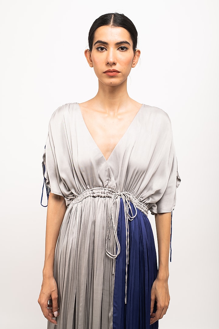 Grey & Blue Bemberg Modal Silk Angrakha Summer Dress by Neora by Nehal Chopra at Pernia's Pop Up Shop