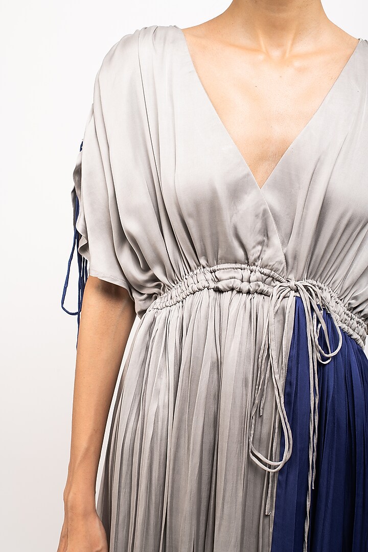 Grey & Blue Bemberg Modal Silk Angrakha Summer Dress by Neora by Nehal Chopra at Pernia's Pop Up Shop