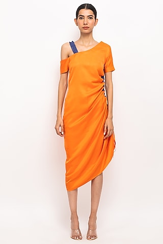 Orange & Blue Bemberg Modal Silk One-Shoulder Dress by Neora by Nehal Chopra