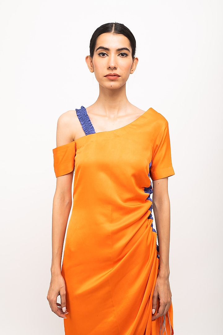 Orange & Blue Bemberg Modal Silk One-Shoulder Summer Dress by Neora by Nehal Chopra at Pernia's Pop Up Shop