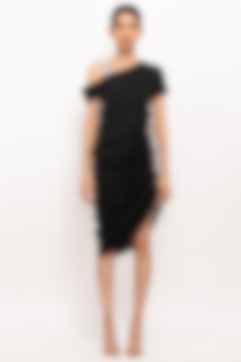 Black & Grey Bemberg Modal Silk One-Shoulder Dress by Neora by Nehal Chopra