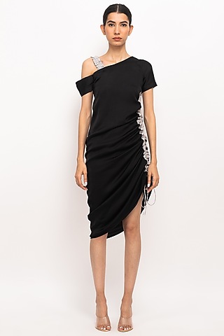 Black & Grey Bemberg Modal Silk One-Shoulder Dress by Neora by Nehal Chopra