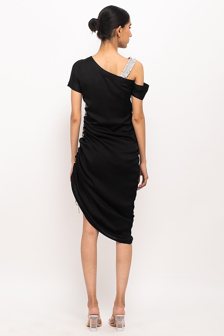 Black & Grey Bemberg Modal Silk One-Shoulder Summer Dress by Neora by Nehal Chopra at Pernia's Pop Up Shop