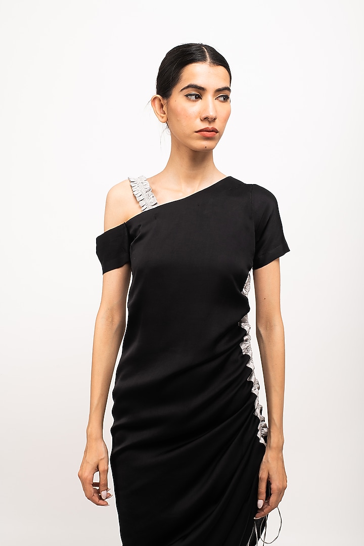 Black & Grey Bemberg Modal Silk One-Shoulder Summer Dress by Neora by Nehal Chopra at Pernia's Pop Up Shop