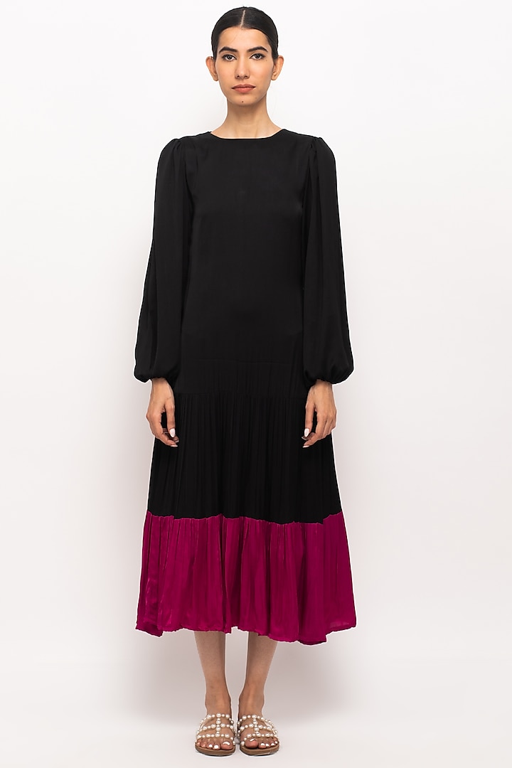 Black & Wine Bemberg Modal Silk Gathered Dress by Neora by Nehal Chopra