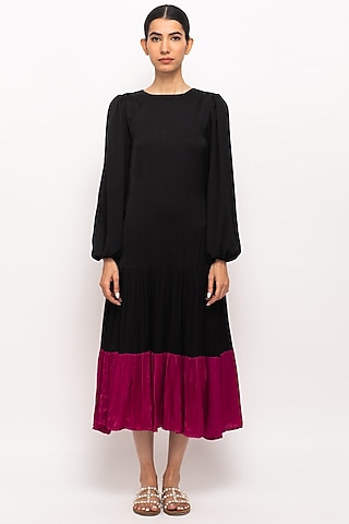 Black & Wine Bemberg Modal Silk Gathered Dress by Neora by Nehal Chopra