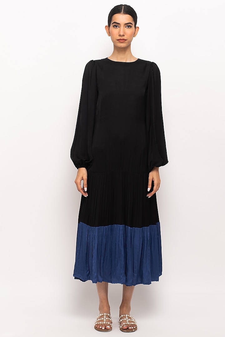 Black & Blue Bemberg Modal Silk Gathered Dress by Neora by Nehal Chopra