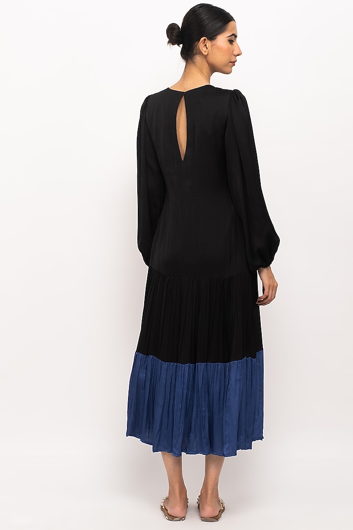 Black & Blue Bemberg Modal Silk Gathered Summer Dress by Neora by Nehal Chopra at Pernia's Pop Up Shop