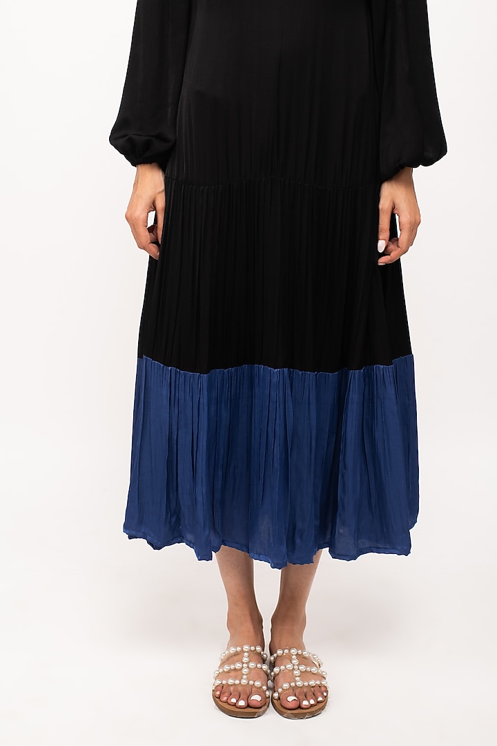 Black & Blue Bemberg Modal Silk Gathered Summer Dress by Neora by Nehal Chopra at Pernia's Pop Up Shop