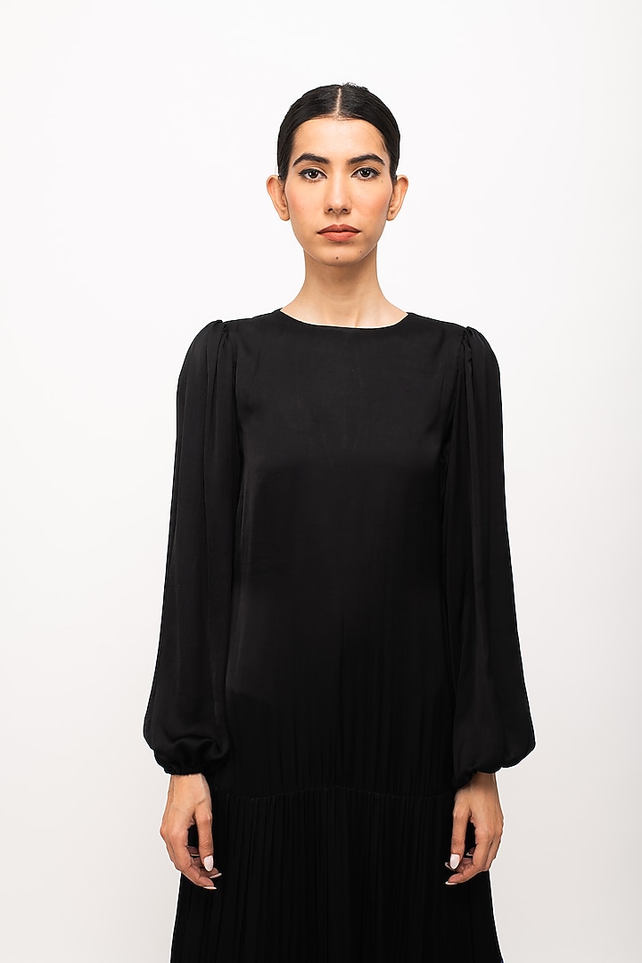 Black & Blue Bemberg Modal Silk Gathered Summer Dress by Neora by Nehal Chopra at Pernia's Pop Up Shop