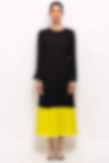 Black & Neon Bemberg Modal Silk Gathered Dress by Neora by Nehal Chopra
