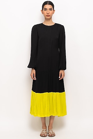 Black & Neon Bemberg Modal Silk Gathered Dress by Neora by Nehal Chopra