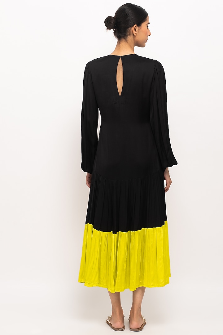 Black & Neon Bemberg Modal Silk Gathered Summer Dress by Neora by Nehal Chopra at Pernia's Pop Up Shop
