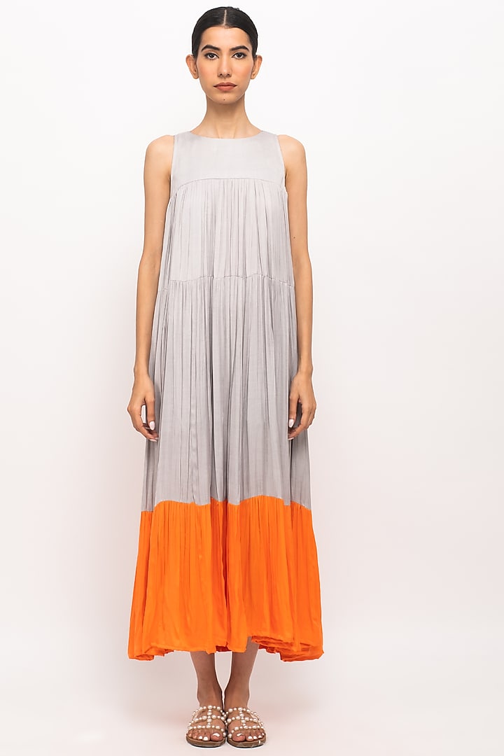 Grey & Orange Bemberg Modal Silk Maxi Dress by Neora by Nehal Chopra