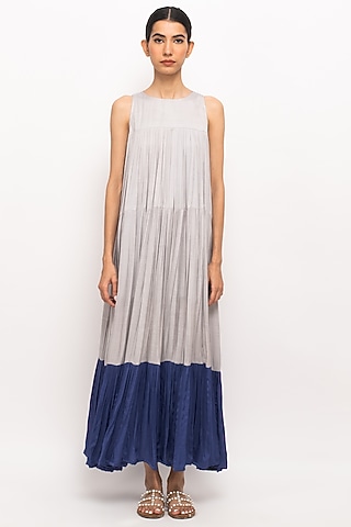 Grey & Blue Bemberg Modal Silk Maxi Dress by Neora by Nehal Chopra