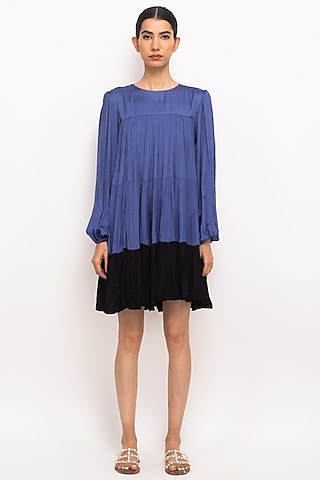 Blue & Black Bemberg Modal Silk Dress by Neora by Nehal Chopra