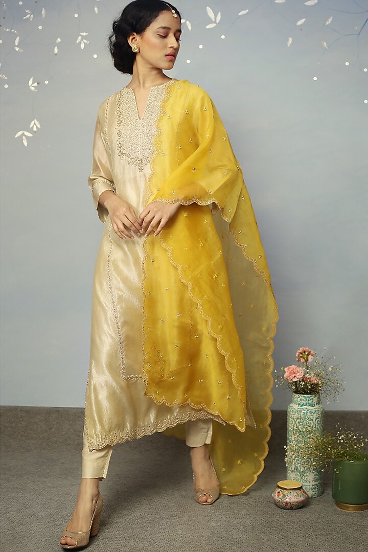 Beige Embellished Straight Kurta Set by Neha Poddar