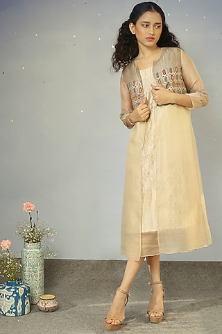 Ivory Embellished Straight Jacket Set by Neha Poddar