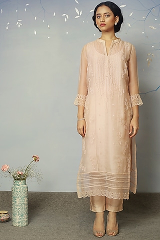 Nude Pink Embellished Kurta Set by Neha Poddar
