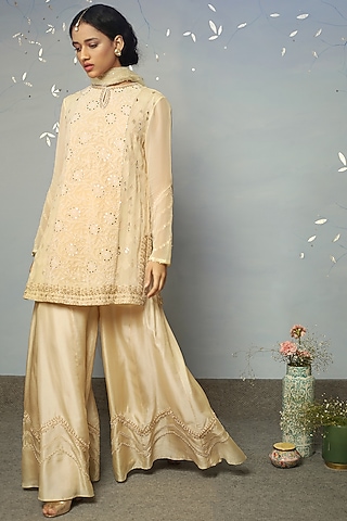 Beige Embroidered Sharara Set by Neha Poddar
