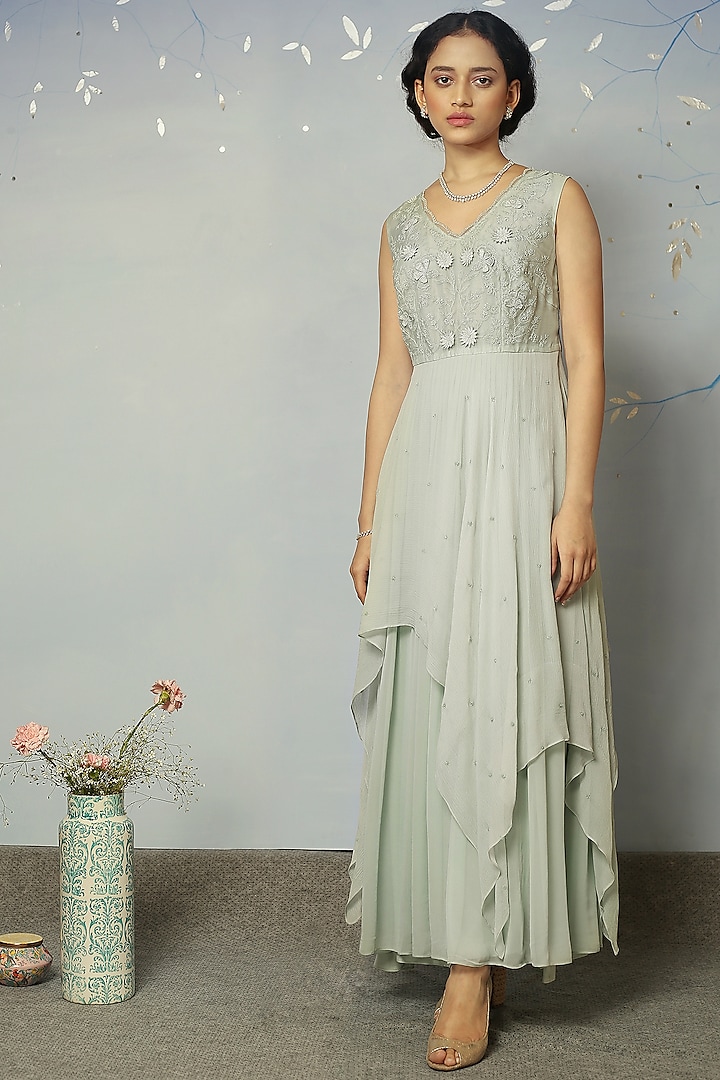 Ice Grey Embellished Gown by Neha Poddar