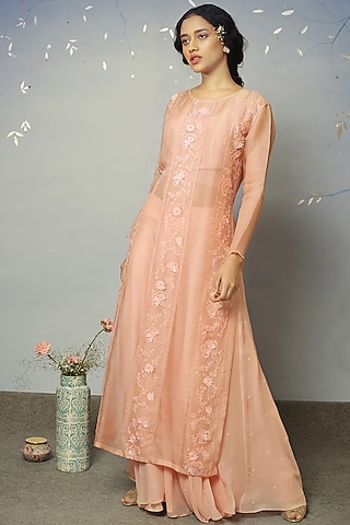 Peach Embroidered Skirt Set by Neha Poddar