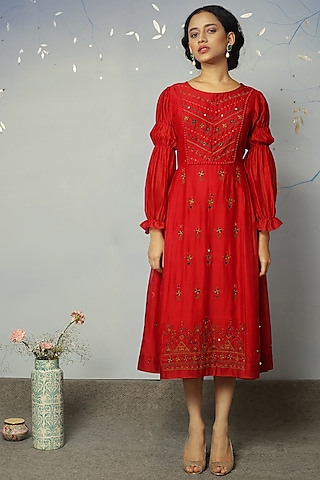 Red Dress With Mirror Work by Neha Poddar
