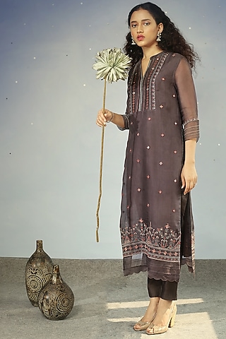 Charcoal Kurta Set With Mirror Work by Neha Poddar
