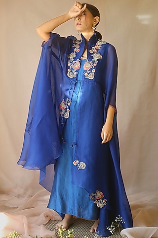 Blue Embellished Cape With Inner by Neha Poddar