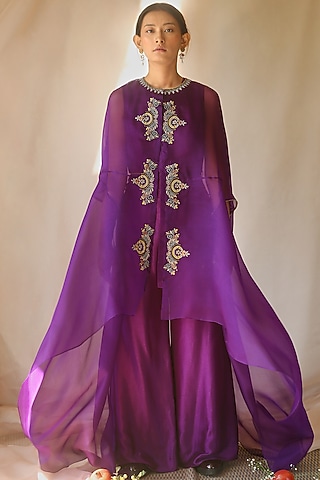 Purple Flared Pant Set With Thread Work by Neha Poddar
