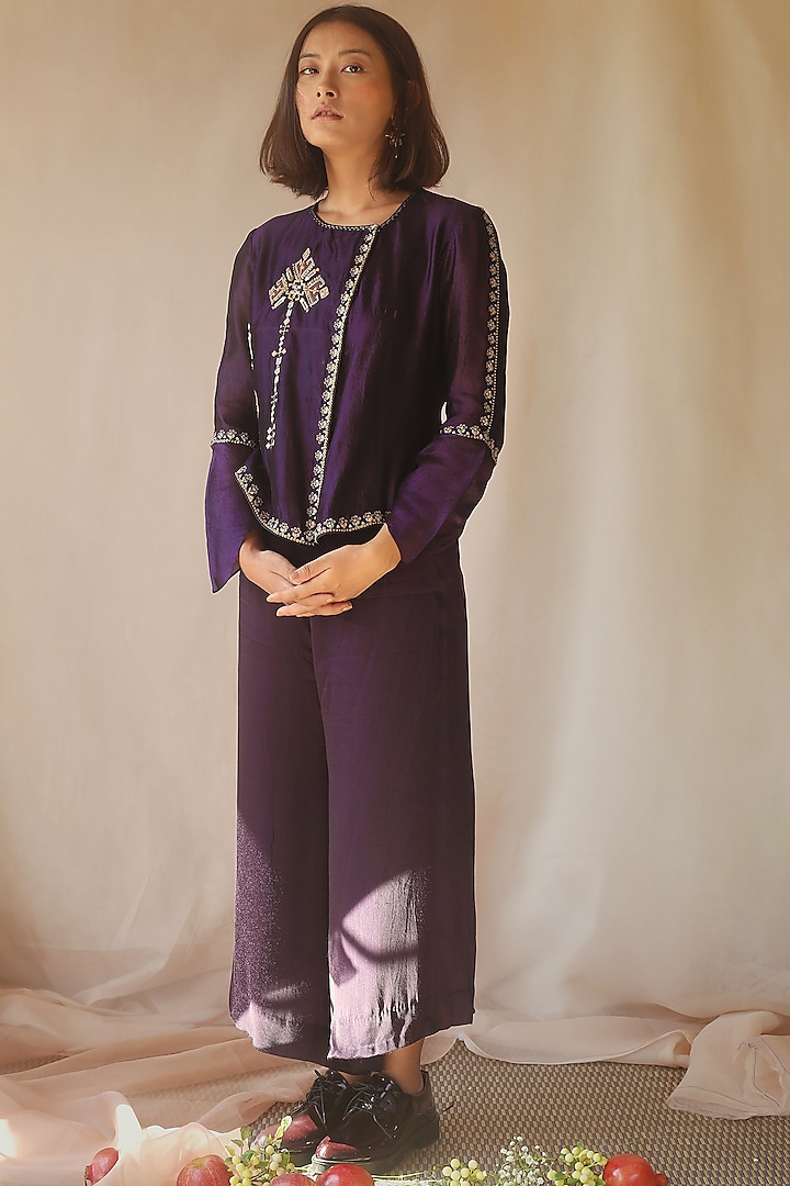 Aubergine Embellished Pant Set by Neha Poddar