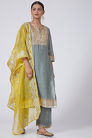Grey Embellished Kurta Set by Neha Poddar
